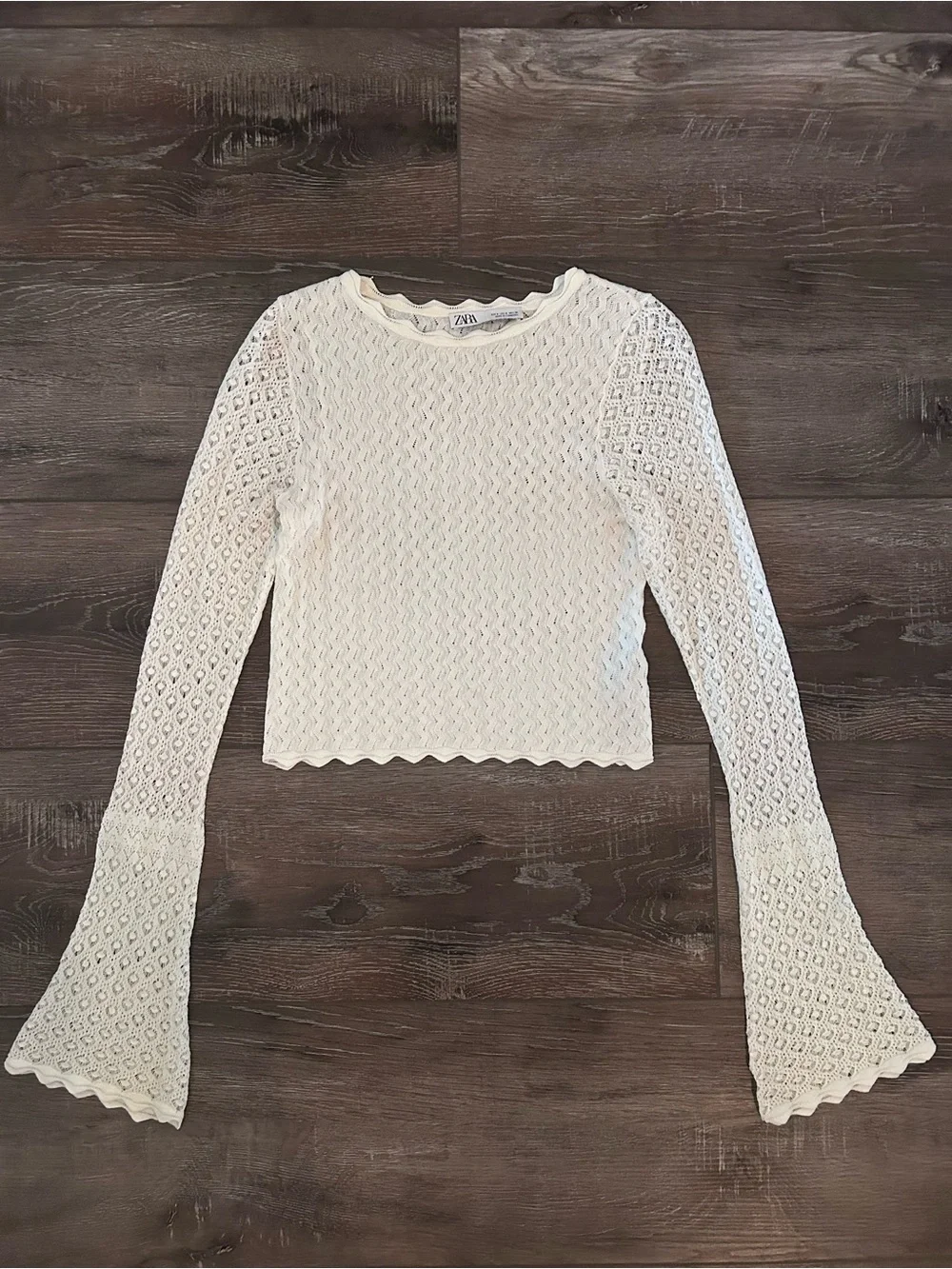 ZARA Ivory Open Knit Long-Sleeve Top Small